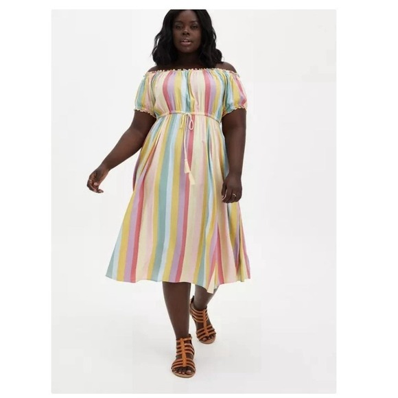 torrid Dresses & Skirts - Torrid Pastel Stripes M Challis Off Shoulder Midi Dress Size 2X Pockets Tassels